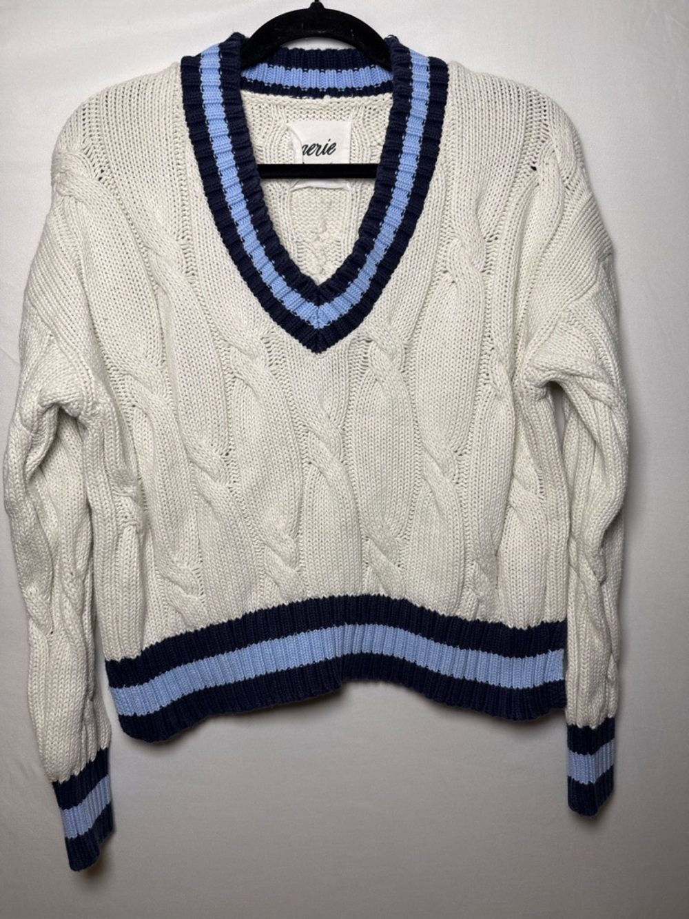 aerie Cream Cable Knit V‑Neck Sweater with Navy and Light Blue Stripes